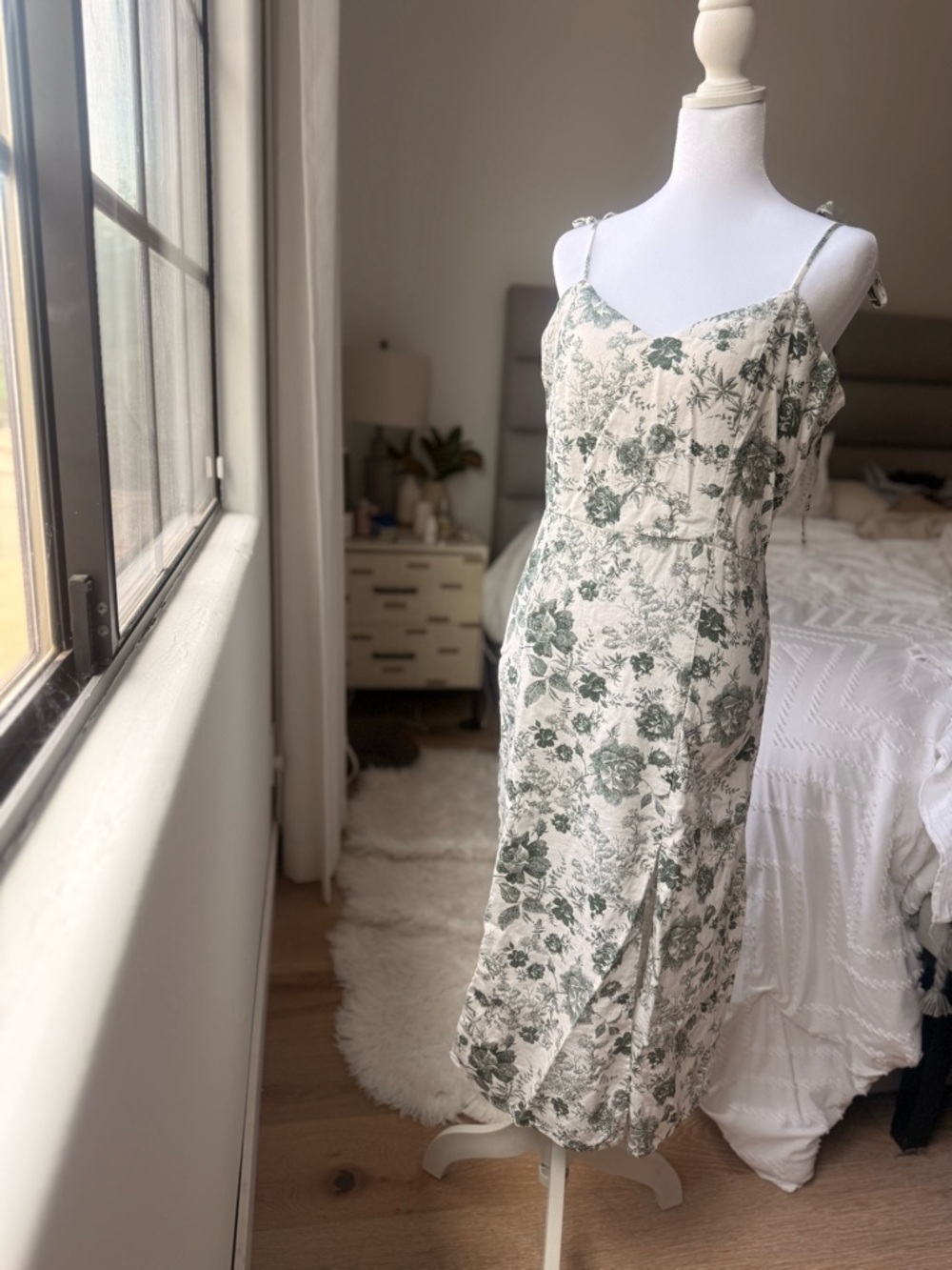 Francesca's Collections Cream Midi Dress with Green Botanical Print